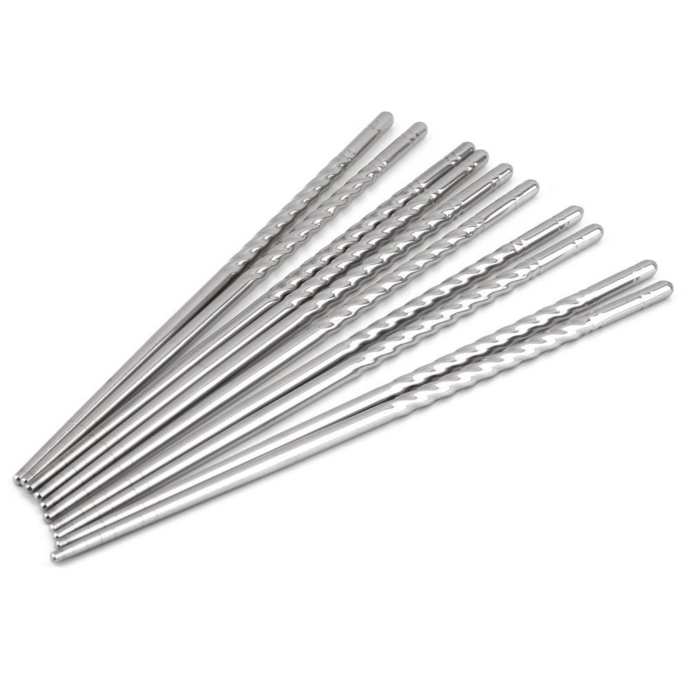 5 Pairs of Stainless Steel Chopsticks Anti-skip Thread Style Durable Silver Color db