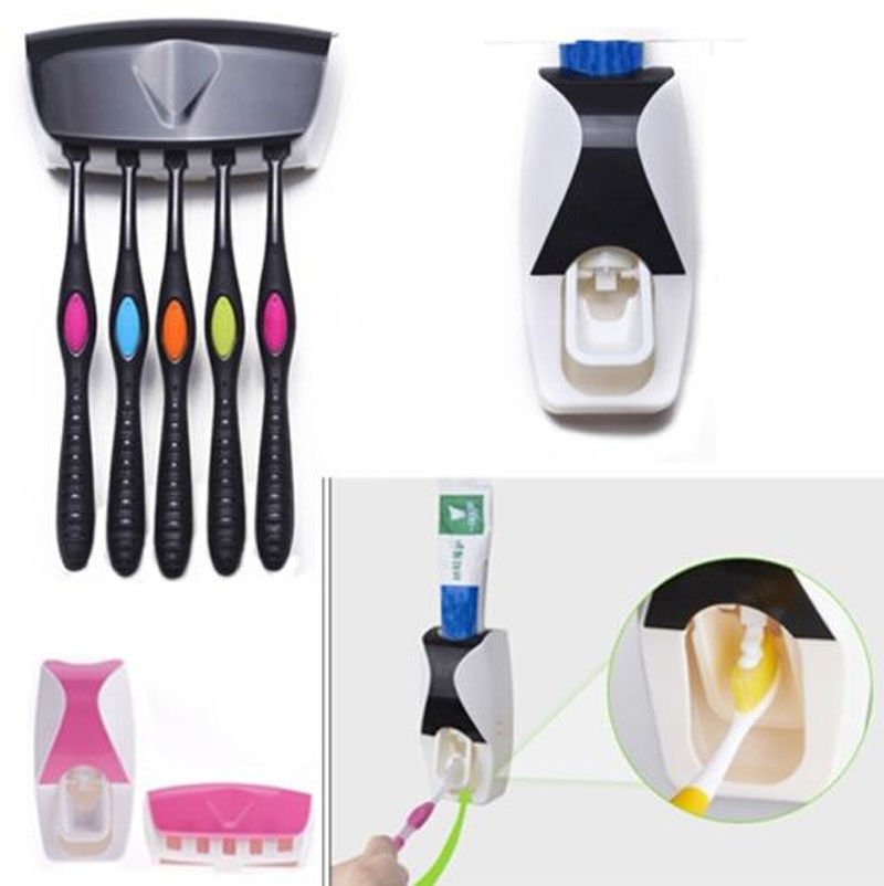 Automatic Toothpaste Dispenser Toothbrush Holder Set Wall Mount Stand Green Color One Pcs