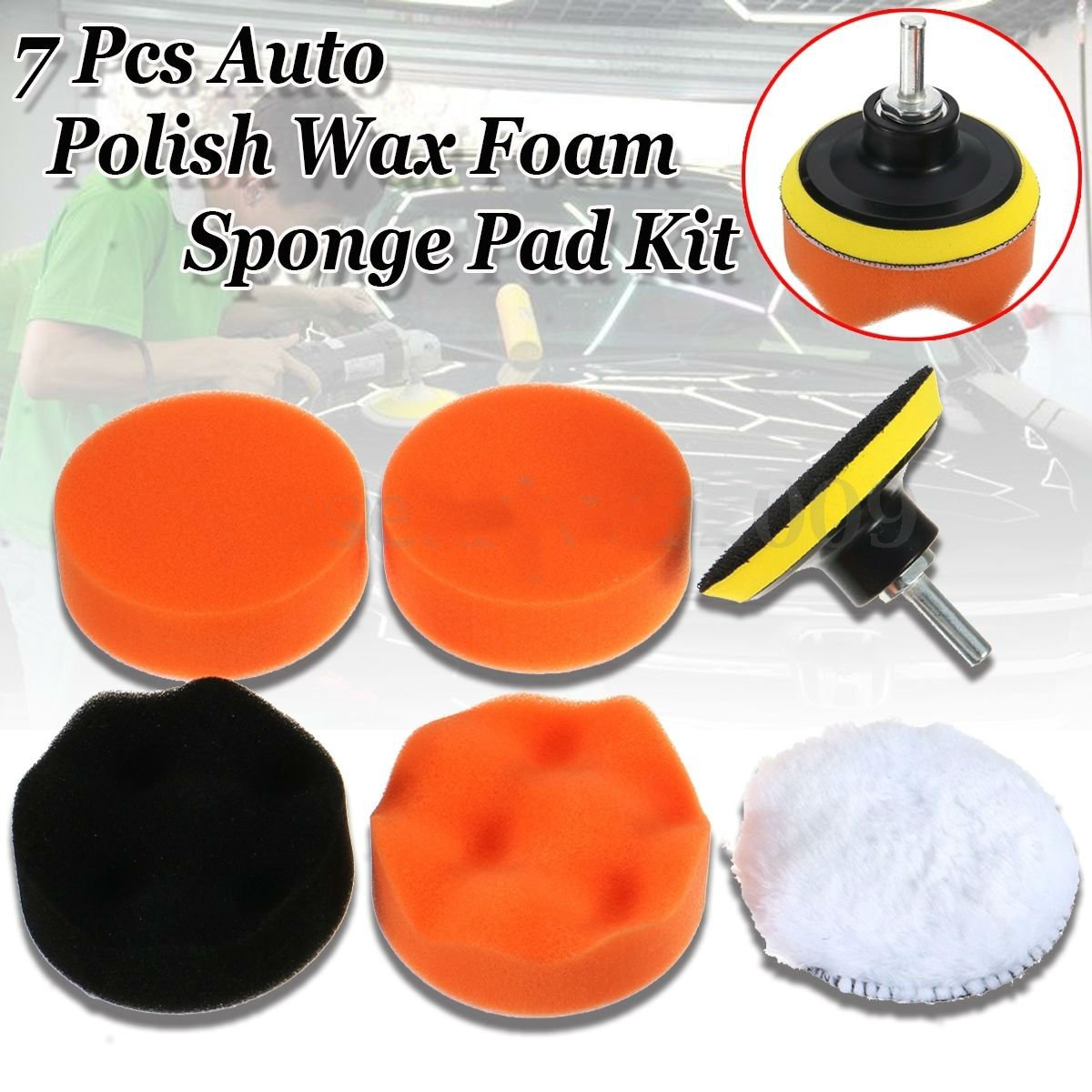 7pc 3" Auto Car Polish Wax Foam Sponge Pad Polisher Buffer Set Drill Adapter Kit db