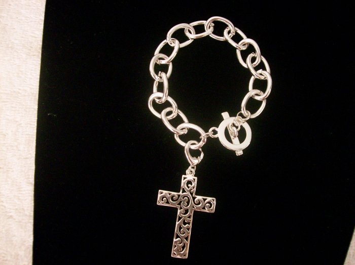 Chain Link Bracelet, Silver Tone With Filigree Cross Charm