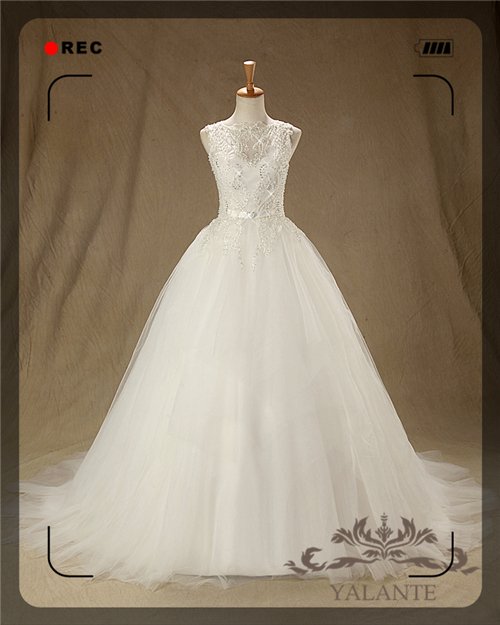 New Arrival Glamorous Full High Quality Beaded Embroidered Tull Sleeveless Ball Gown Wedding Dresses