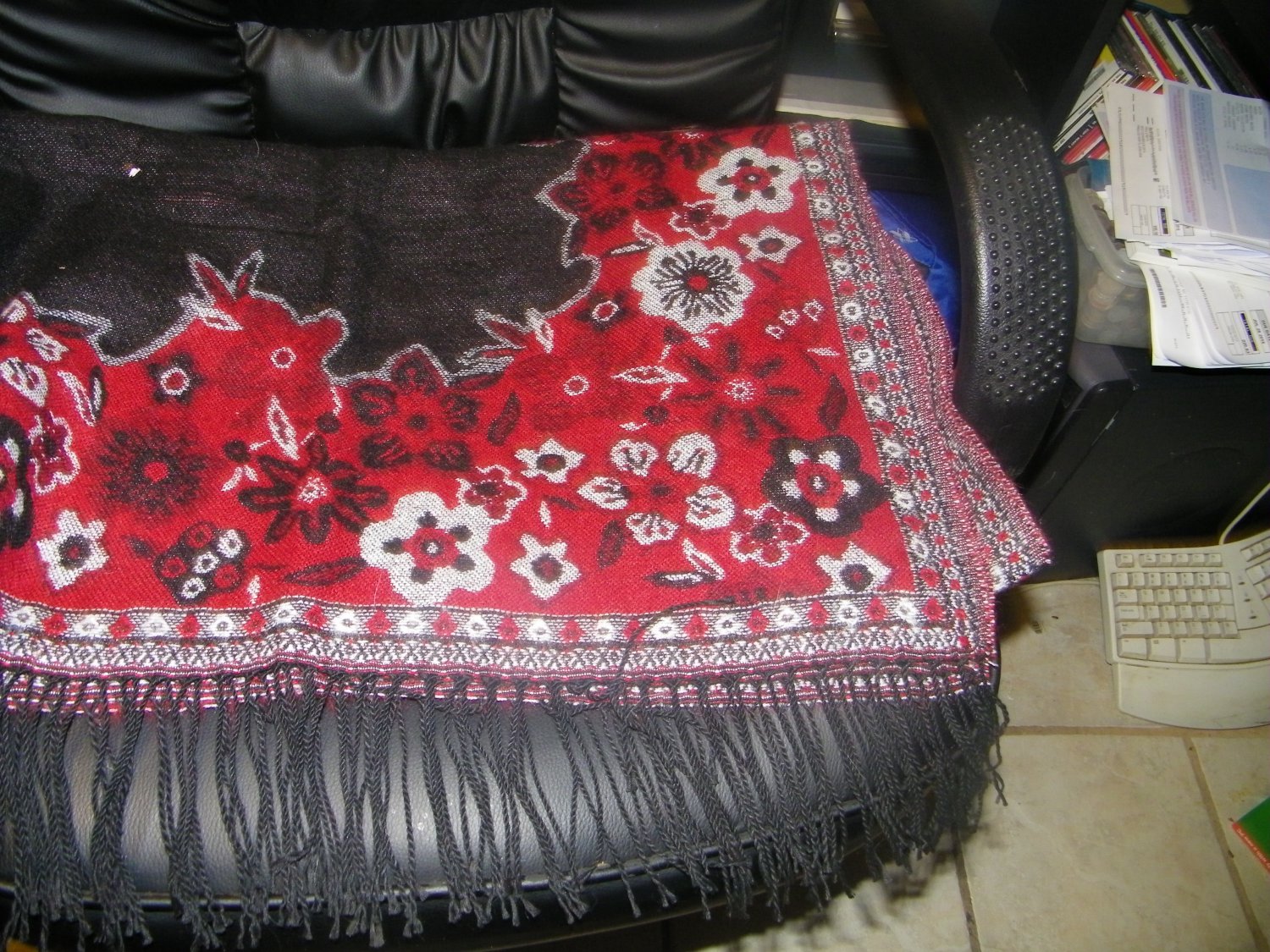 NEW Studio S Women's Ruana Wrap FLORAL WOVEN BLACK AND BURGUNDY