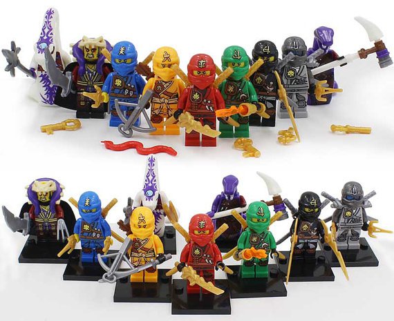 Custom set of 9 minifigures Lego ninjago compatible, Lloyd, Kai, Jay, Cole, Zane, Pythory