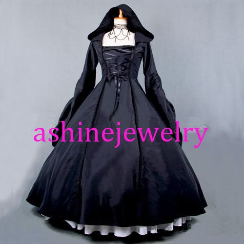 Women's Black Dress Gothic Baroque Medieval Dress with Hat Cosplay Party Dresses