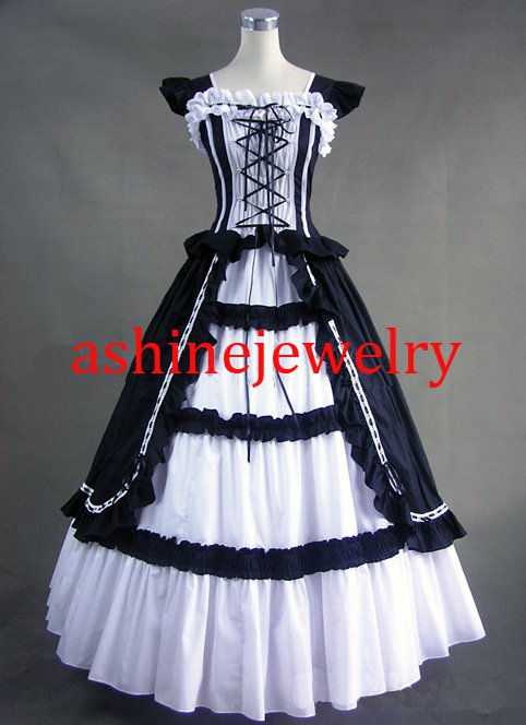 Black White Rococo Dance Dress Cosplay Party Lolita Dress for Female
