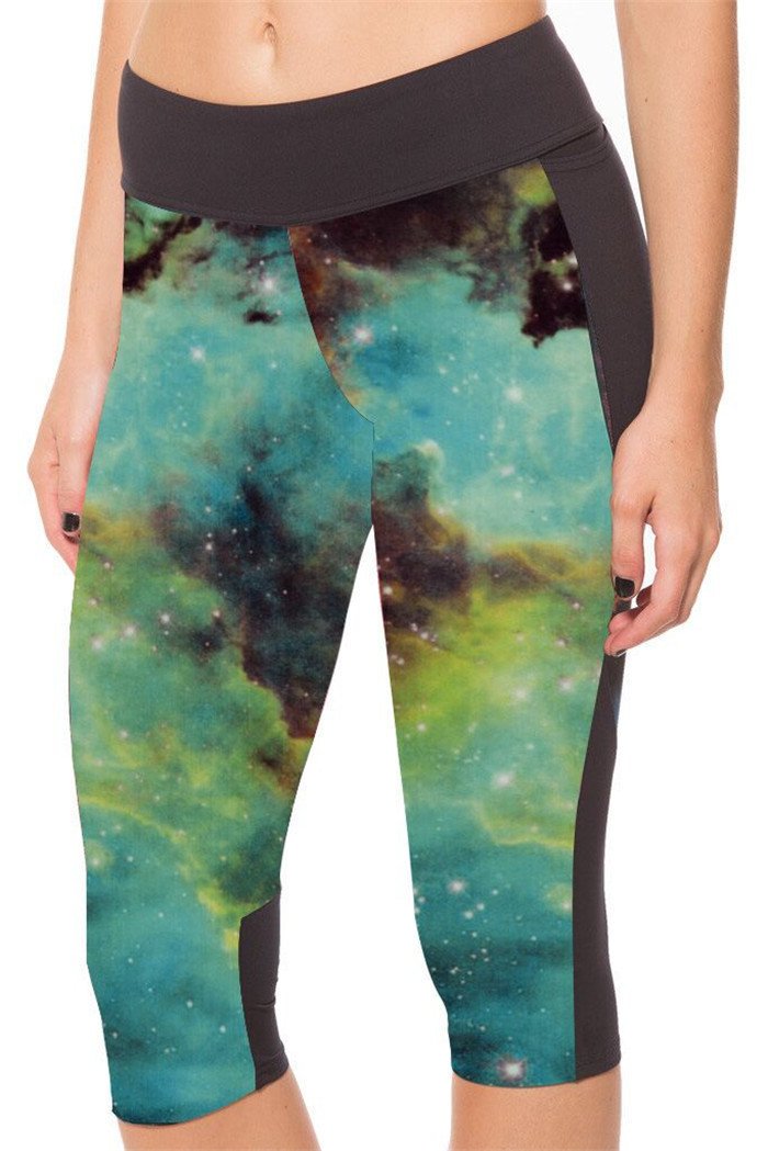 Blue Fashion Galaxy Elastic Women Sexy Yoga Summer Cropped Pants High Waist Leggings