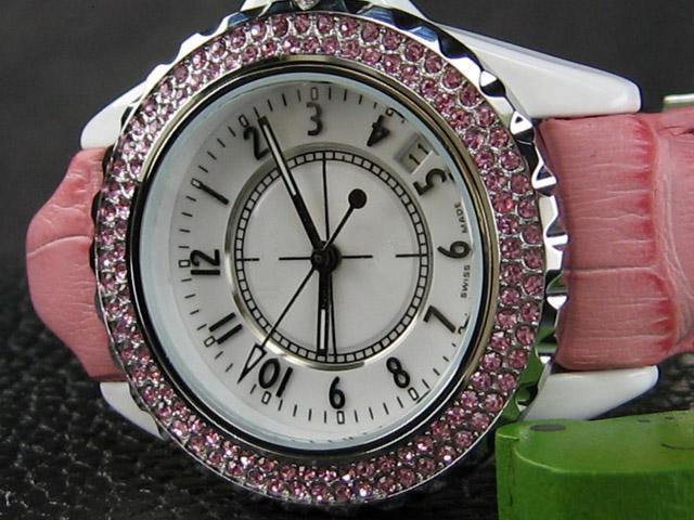 DESIGNER STYLE WATCH WITH STONES IN PINK LEATHER BAND