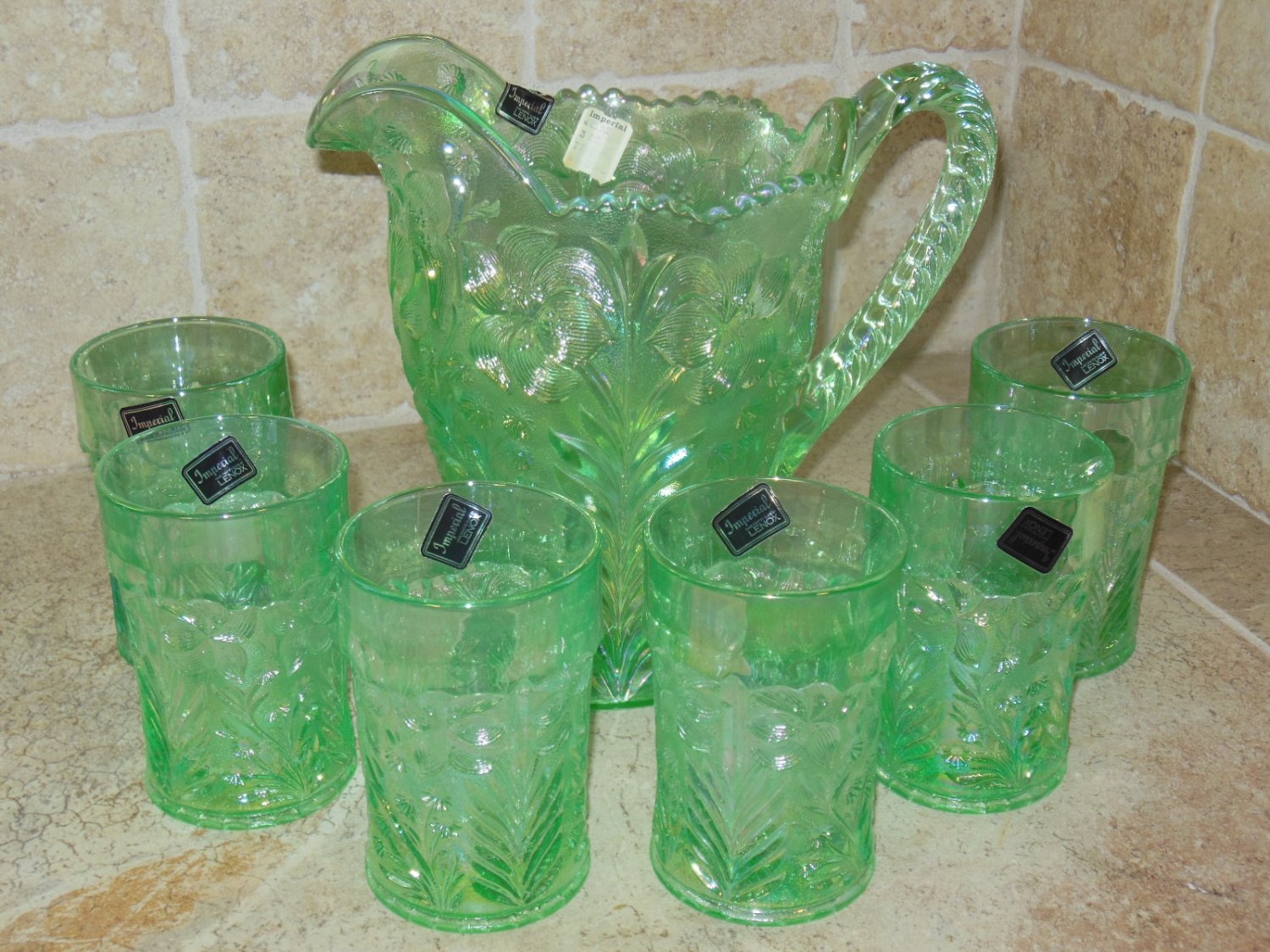 Imperial Lenox Meadow Green Tiger Lily Carnival Glass Water Set NOS