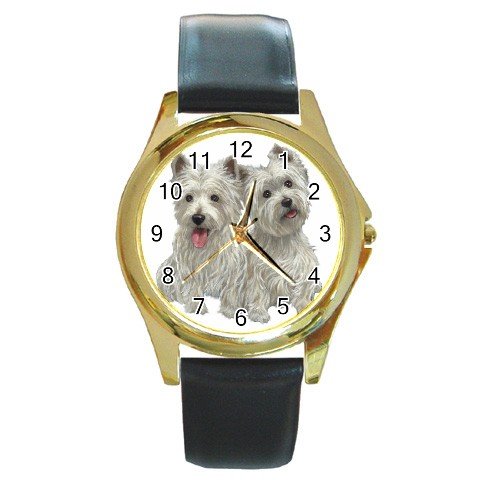 Westies - West Highland White Terriers Dog Round Gold Metal Watch Unisex 12111267