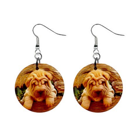 New Dog Chinese Shar Pei Puppy Dangle 1" Round Button Earrings 14172876