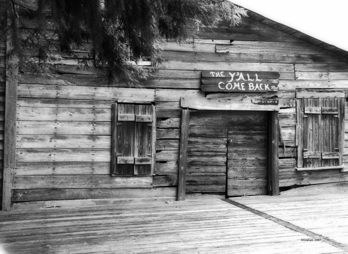 Y'all come back black and white photograph