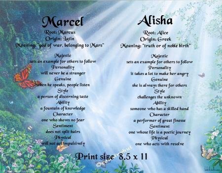 BUTTERFLY FALLS - PERSONALIZED 1 OR 2 Name Meaning Print - no US s/h fee
