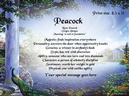 Beautiful PEACOCK - PERSONALIZED 1 Name Meaning Print - no US s/h fee