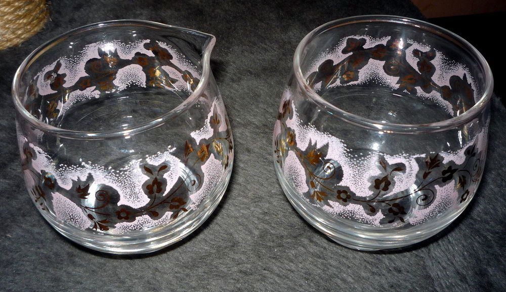 Vintage LIBBEY Glass Creamer Set Pink and Gold Leaf Libby Retro Mid Century