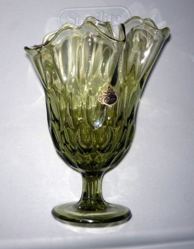 Vintage FENTON Glass Green Handkerchief Thumbprint Swung Vase