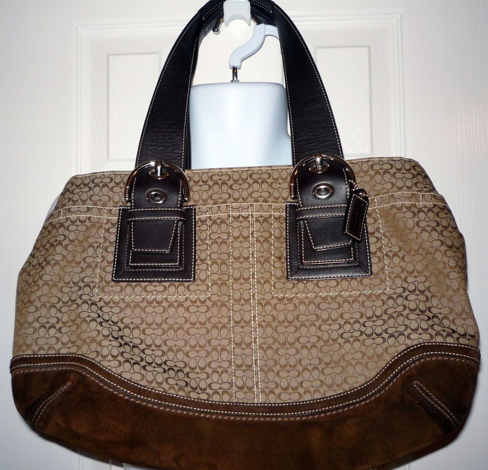 COACH F10928 Brown Tote Shoulder Bag Canvas Leather Straps