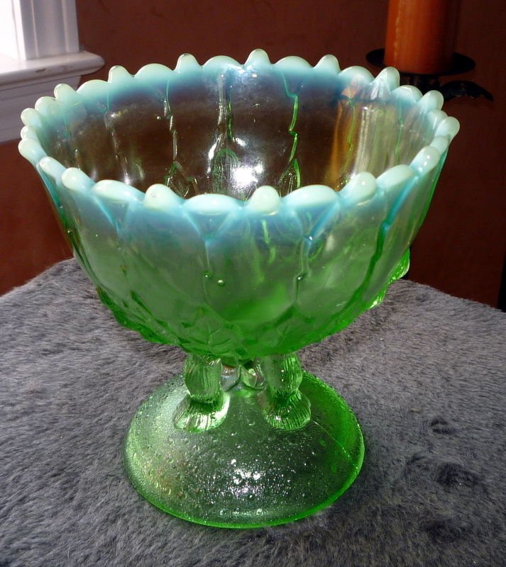 Antique NORTHWOOD Hilltop & Vines green opalescent footed compote bowl #169