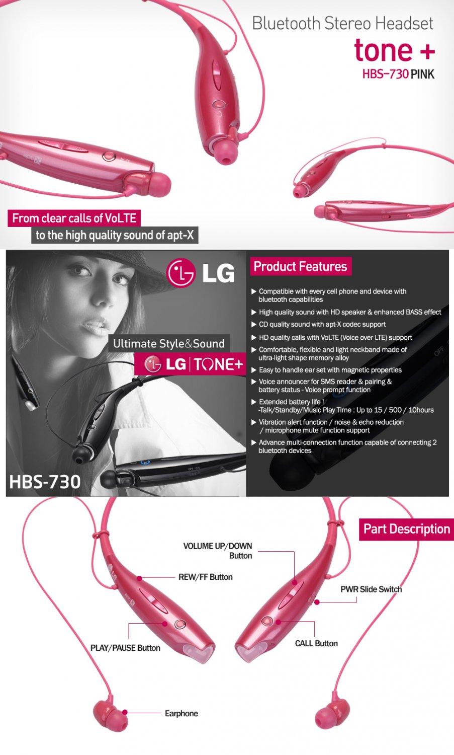 LG Tone+ HBS-730 Wireless Bluetooth Headset - Pink