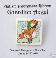 Autism Awareness - Puzzle Piece Ribbon Guardian Angel Pin - Dark Brown Hair FREE SHIPPING