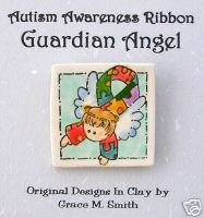 Autism Awareness -Puzzle Piece Ribbon Guardian Angel Pin - Light Brown Hair FREE SHIPPING!!