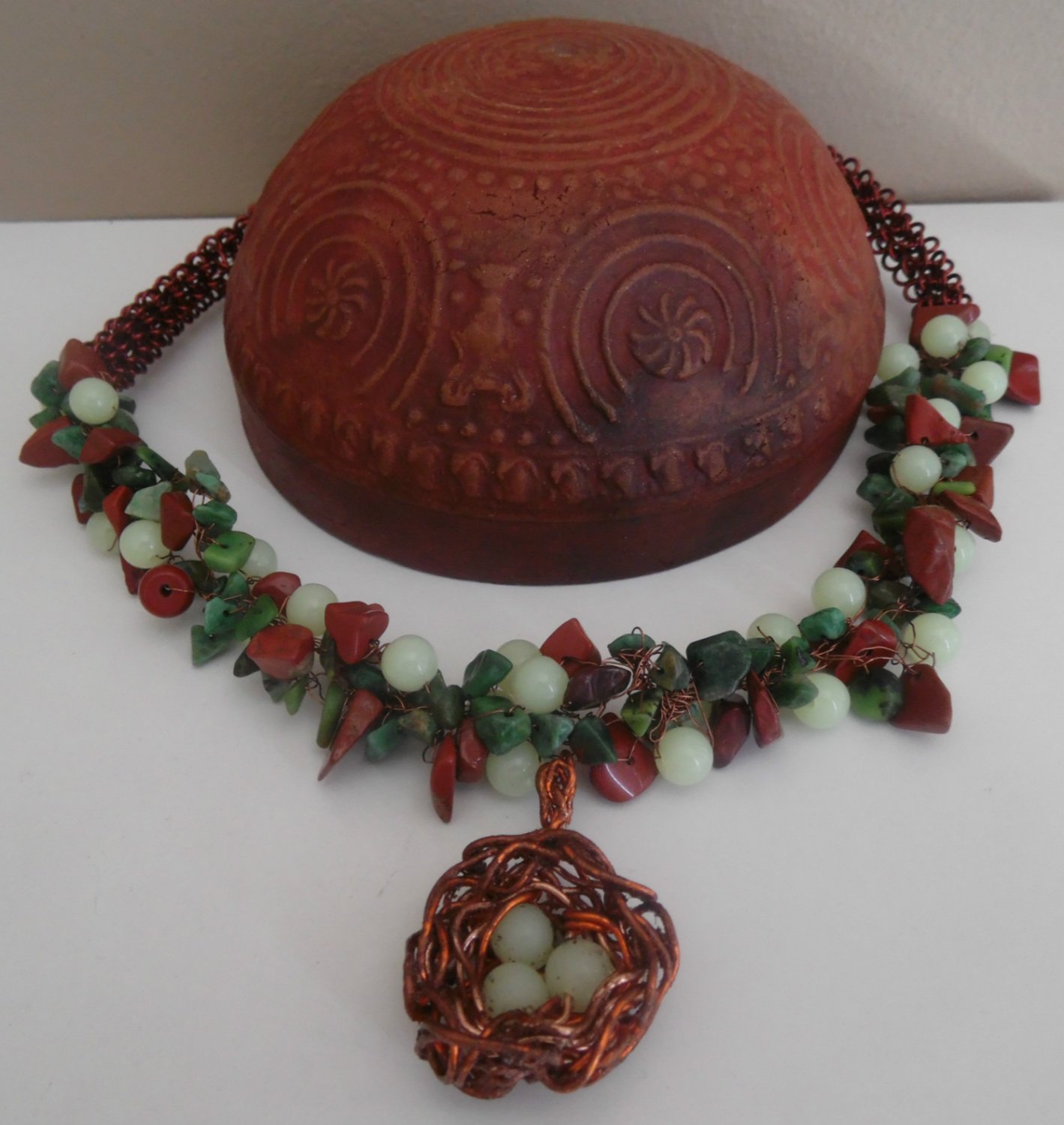Crochet wire necklace, beaded necklace,jewelry wire,pendant birds nest, wrapped jewelry,gemstones