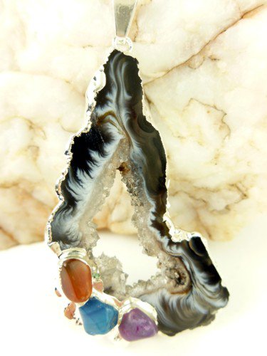 Agate Geode Druzy Gemstone Silver Pendant White Black Swirls