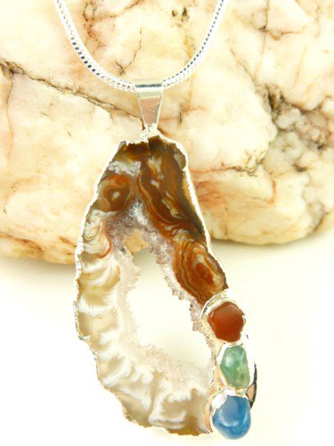 Agate Geode Druzy Gemstone Silver Pendant Brown White Warm Colors