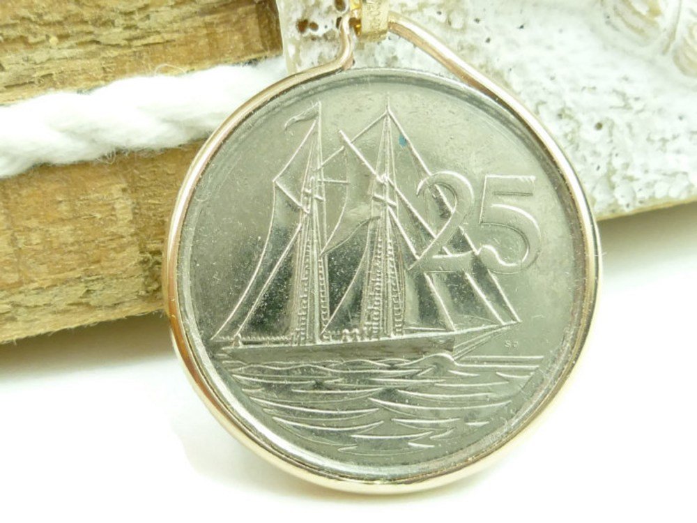 Cayman Island 25 CENT Sailing Ship 1999 Coin Pendant 14kt Gold Filled Coin jewelry