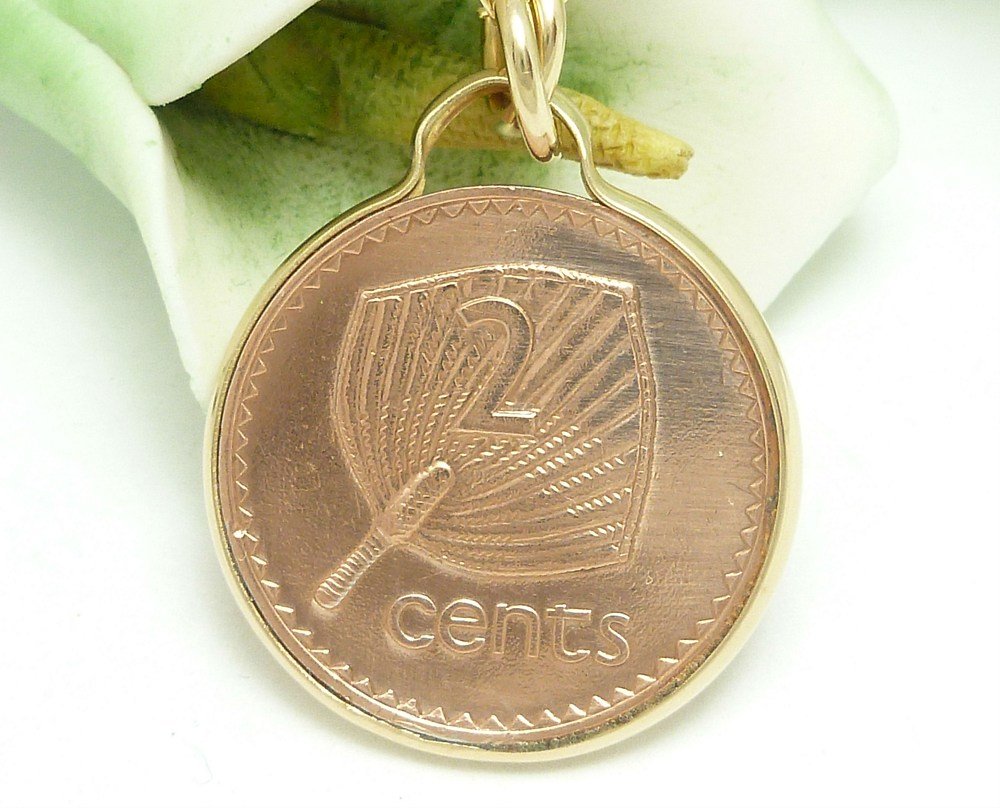 Fiji 2 Cent Copper Coin Pendant Fan Palm Gold Filled Necklace Coin jewelry
