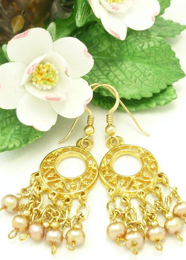 Mauve Freshwater Pearl Chandelier Gold Dangle Earrings