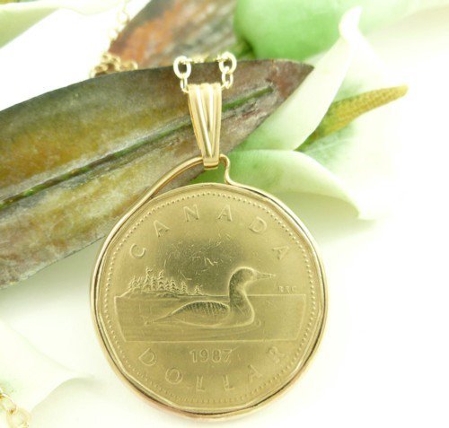 Canadian Loonie One Dollar 1987 Coin Pendant 14kt Gold Filled Bezel Coin jewelry