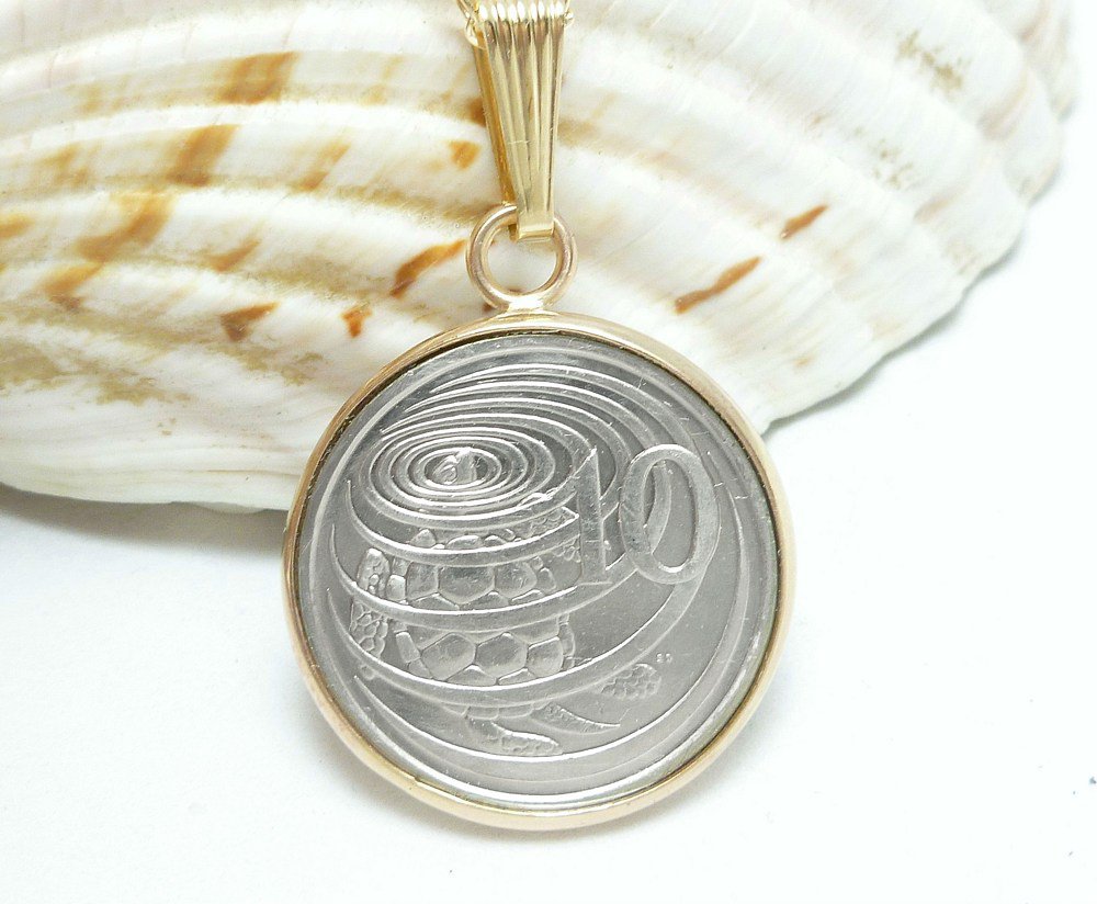 Cayman Island 10 Cent Coin Pendant Image of Hawksbill Turtle Coin jewelry