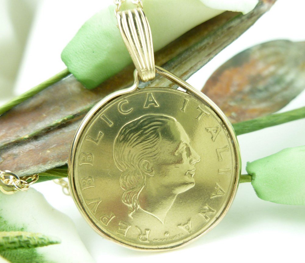 Italian 200 Lire Coin Pendant Gold Filled Bezel Link Chain Necklace