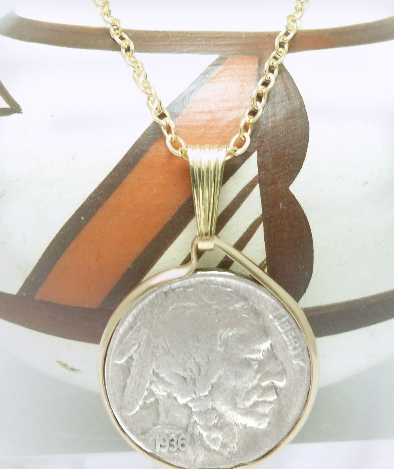 Buffalo Nickel 1936 Coin Pendant 14kt Gold Filled Chain Necklace Coin jewelry