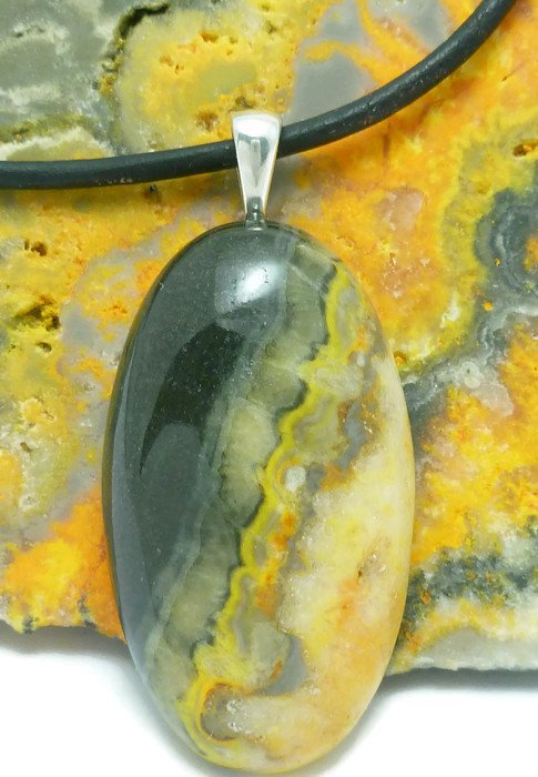 Bumble Bee Jasper Black Orange Gemstone Sterling Pendant Leather Cord Artisan Jewelry