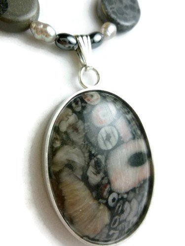 Crinoid Fossil Sterling Pendant Freshwater Pearl Necklace Artisan Jewelry