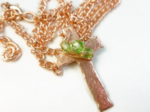 Hammered Copper Metal Cross Pendant Green Crystals 18 inch Necklace Artisan Jewelry