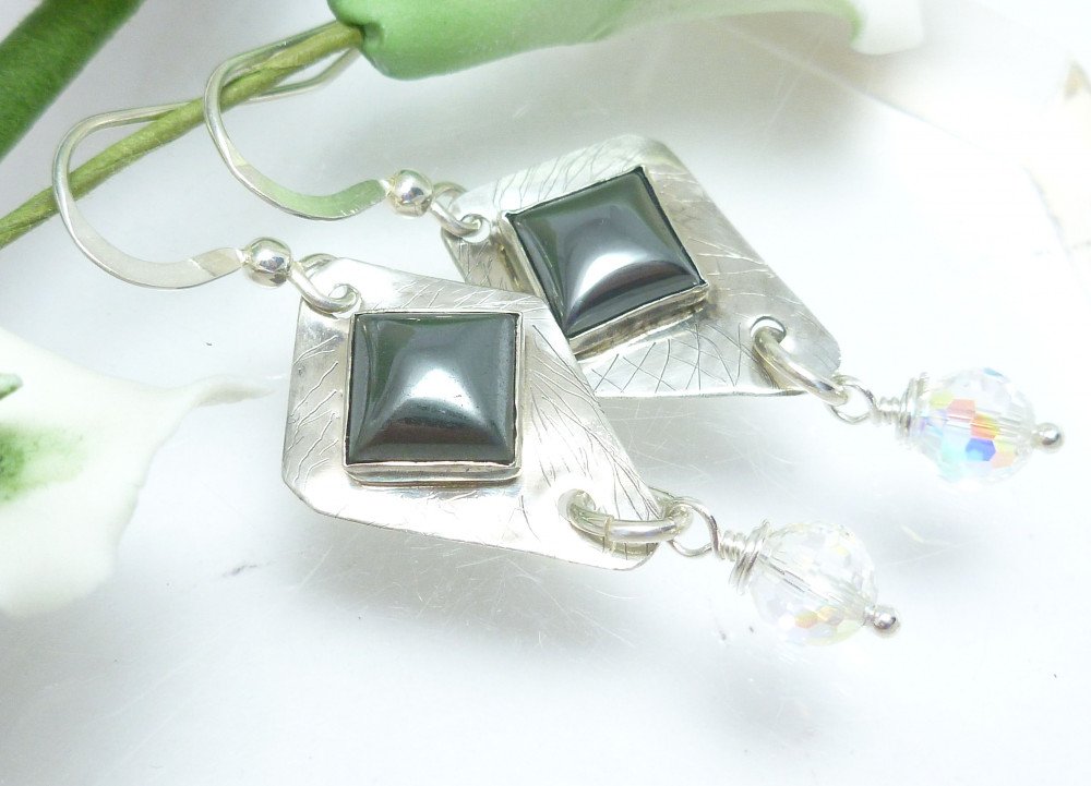 Square Hematite Gemstone Fine Silver Dangle Crystal Earrings
