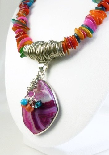 Fuchsia Brazilian Agate Pendant Mother of Pearl Rondelle Necklace Artisan Jewelry