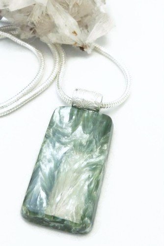 Natural Seraphinite Gemstone Sterling Silver Pendant Rectangle Green Artisan Jewelry