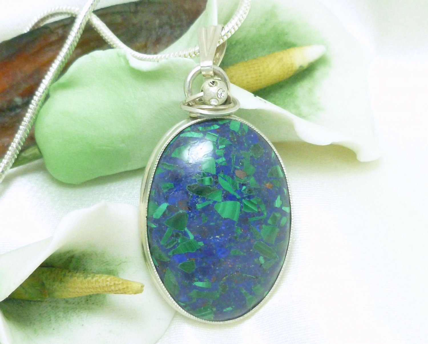 Malachite In Lapis Lazuli Gemstone Sterling Oval Pendant Necklace Artisan Jewelry