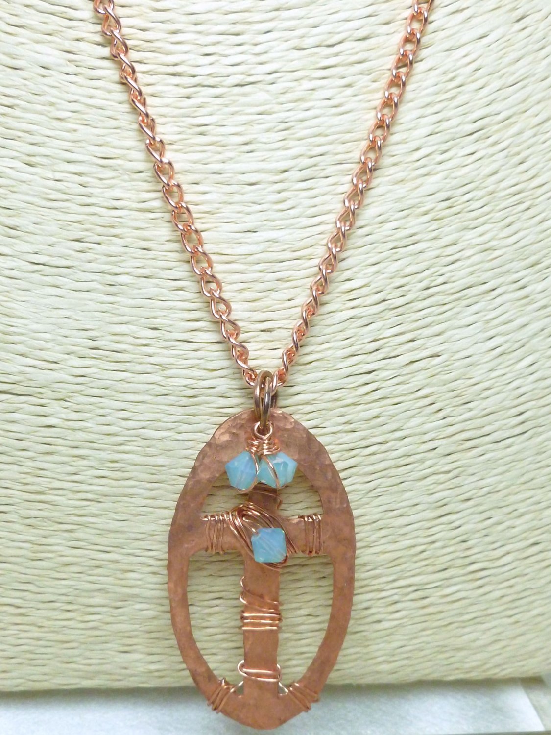 Copper Metal Hammered Cross Oval Pendant Blue Swarovski Crystals Artisan Jewelry