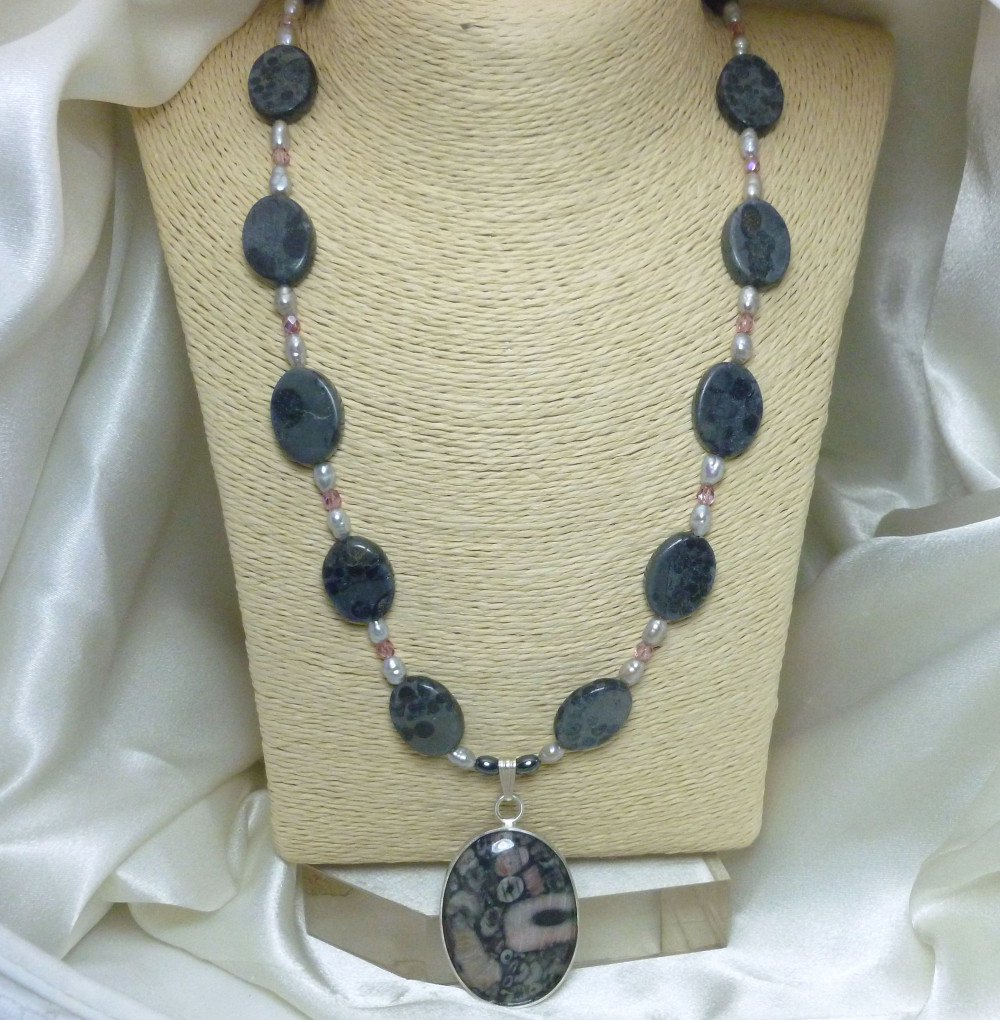 Crinoid Fossil Sterling Pendant Freshwater Pearl Necklace Artisan Jewelry