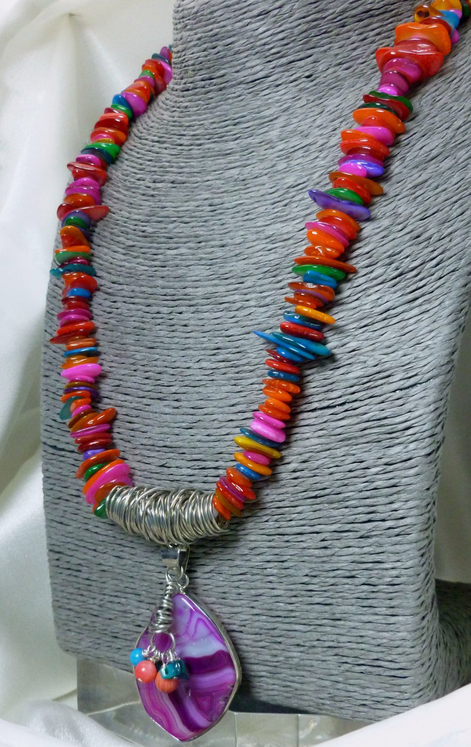 Fuchsia Brazilian Agate Pendant Mother of Pearl Rondelle Necklace Artisan Jewelry
