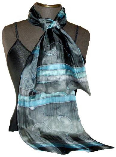 Ebony / Teal Hand Painted Silk Oblong Scarf