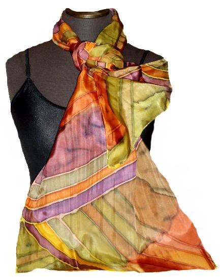 Olive Stripe Hand Painted Silk Oblong Scarf