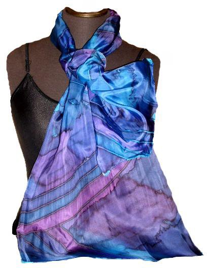 Blue Stripe Hand Painted Silk Oblong