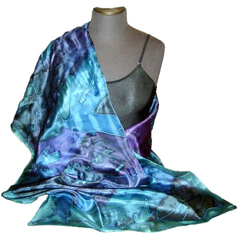 Teal Maple Hand Painted Silk Shawl
