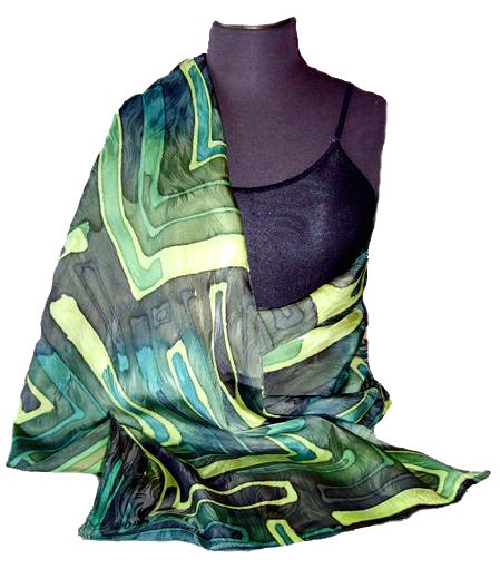 Emerald Green Hand Painted Silk Jacquard Shawl