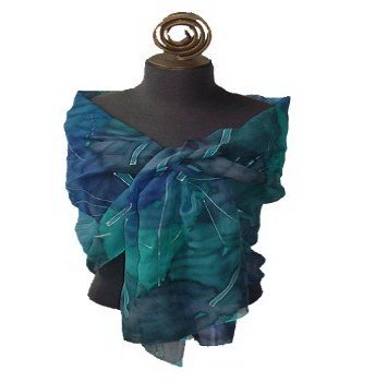 Silver Teal Hand Painted Silk Wrap